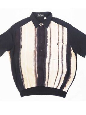 Vintage 90s Alan Stuart Mens Rayon Polo Shirt Black Tan Abstract Sopranos L